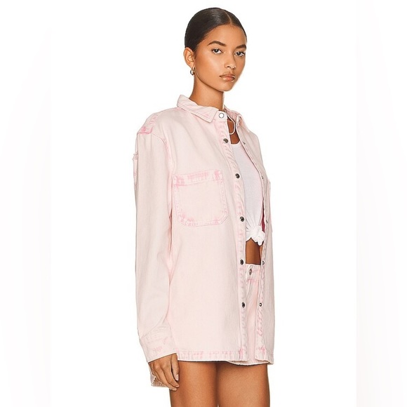 SEROYA Mariel Denim Button Shirt Washed Bleach Pink NEW - Picture 2 of 11